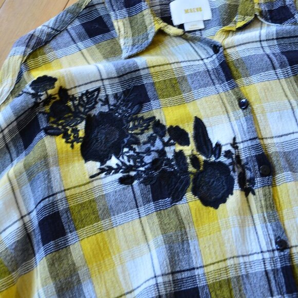 Anthropologie Maeve Embroidered Plaid Button Down Tunic Shirt Size XS/S - Picture 4 of 15